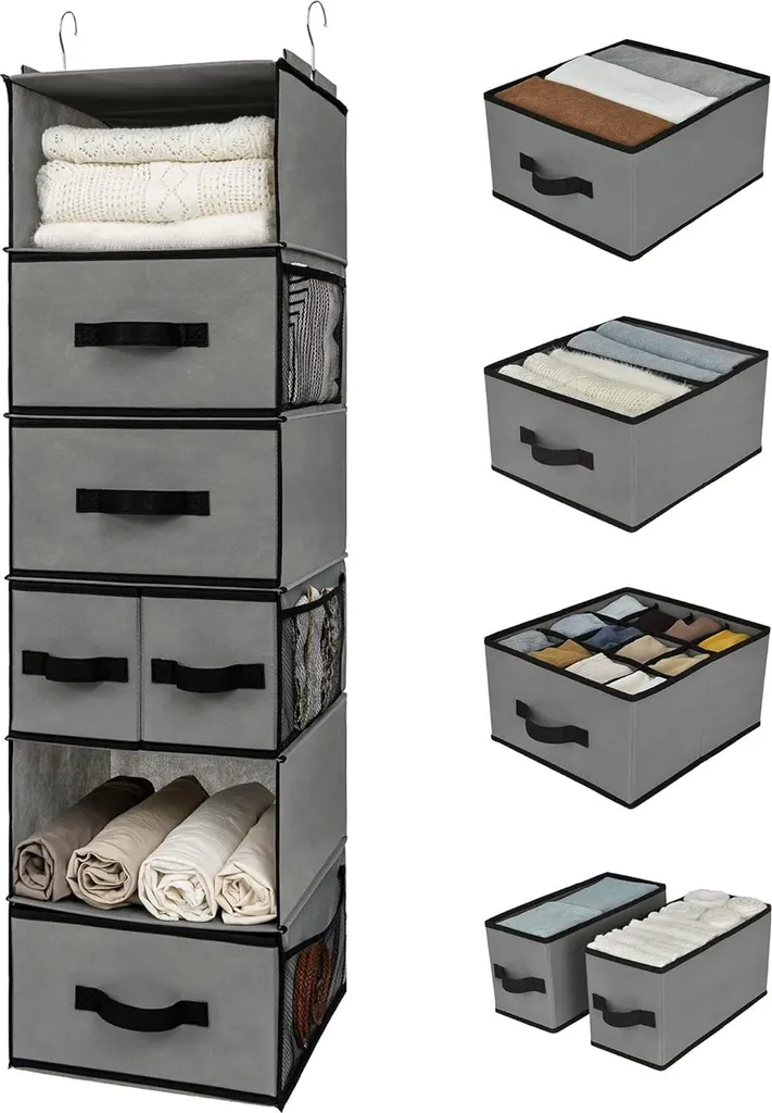 Markenlos GRANNY SAYS Hanging Organizer with 6 Compartments, Hanging Wardrobe Organizer, Hanging Closet Organizer with Side Pockets, Closet Organizer for Storing and Organizing Clothes, Clothes Organizer, Grey, Hanging Storage Shelf