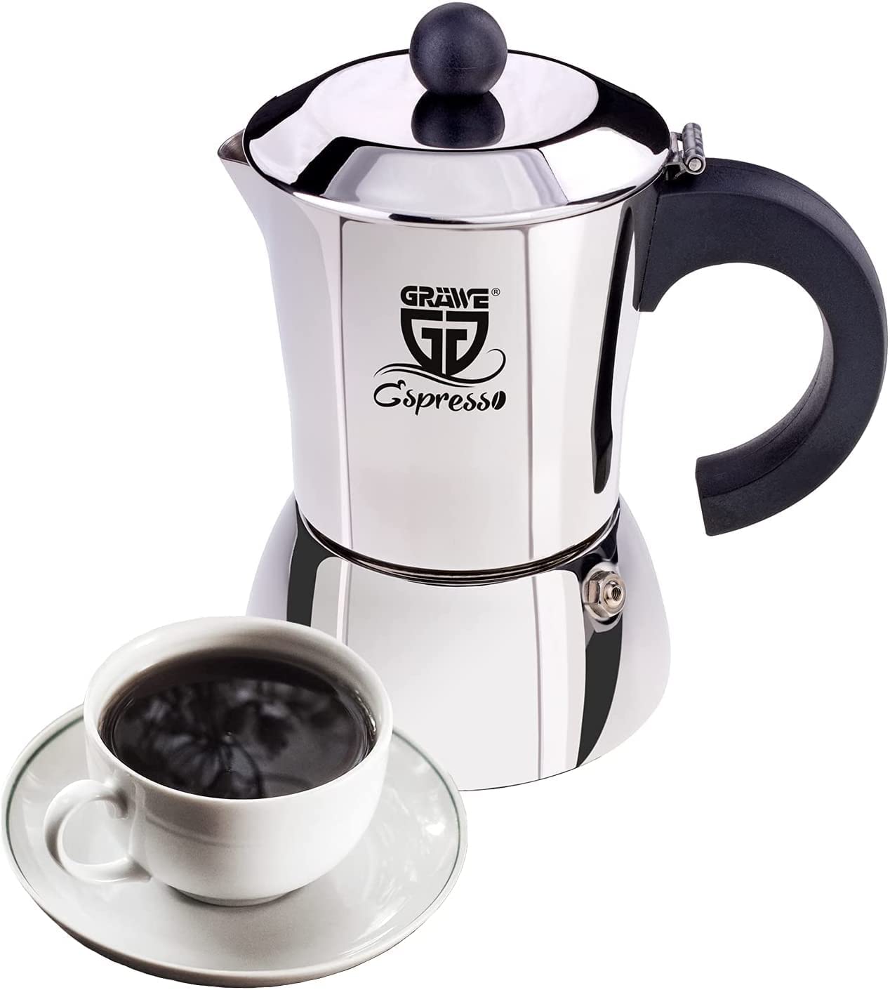 GRAWE GRÄWE espresso maker made of stainless steel (0% aluminium), capacity approx.  300 ml or 6 small cups, also suitable for induction cookers.