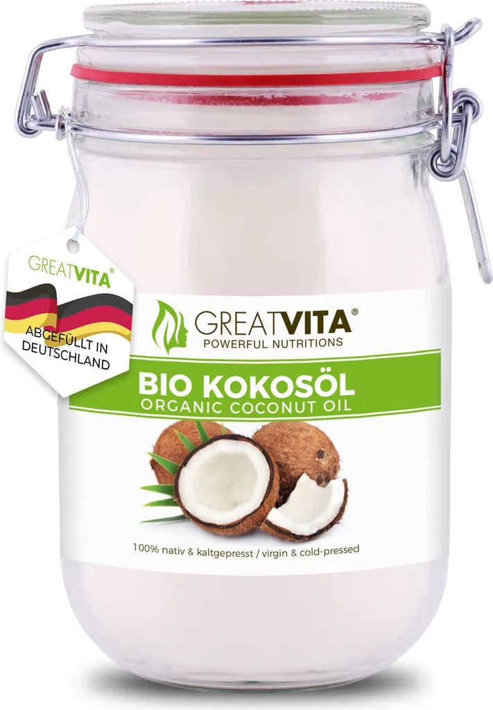 Ingo Steyer GmbH & Co. KG GreatVita Coconut Oil 1000 ml, virgin and cold-pressed | Coconut fat in a wire-bottomed jar | Organically grown