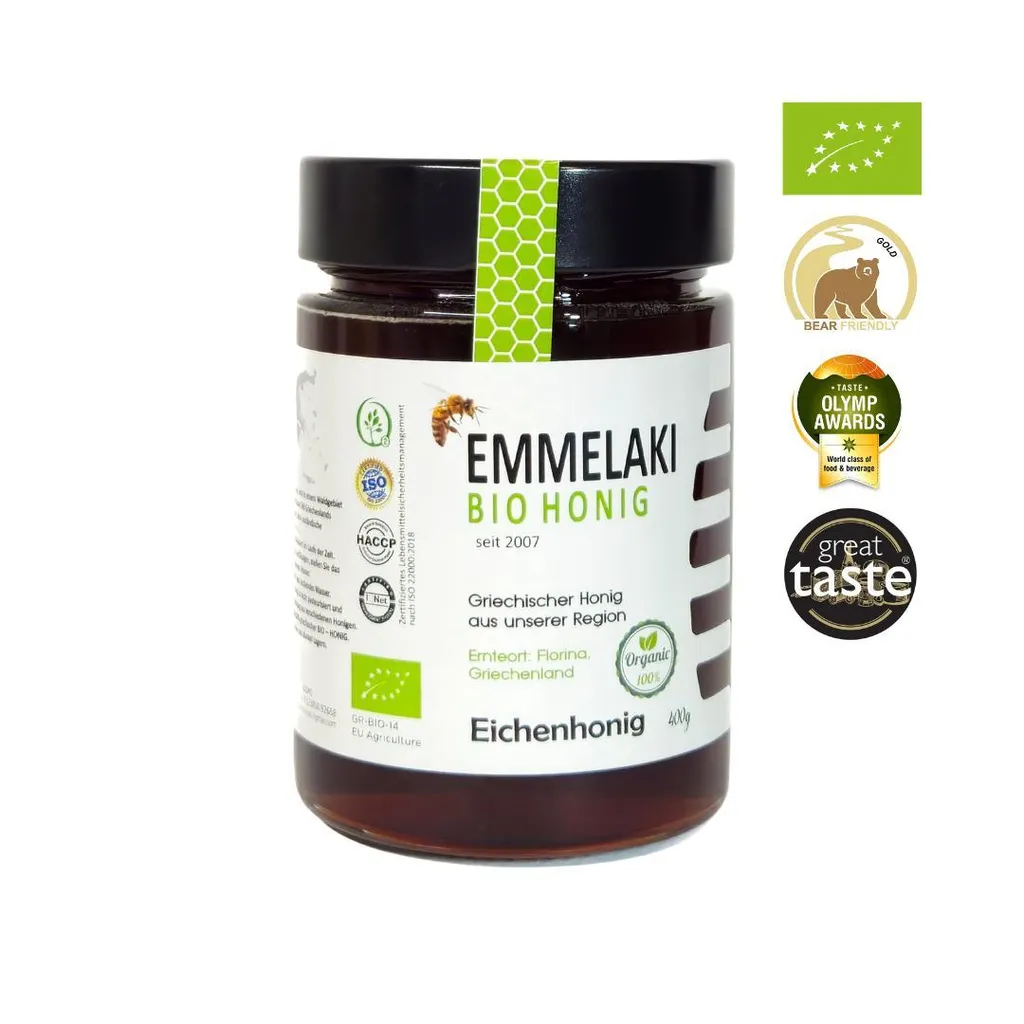 Emmelaki Greek Organic Oak Honey – Untreated Honey from Greece – Unpasteurized – 400g