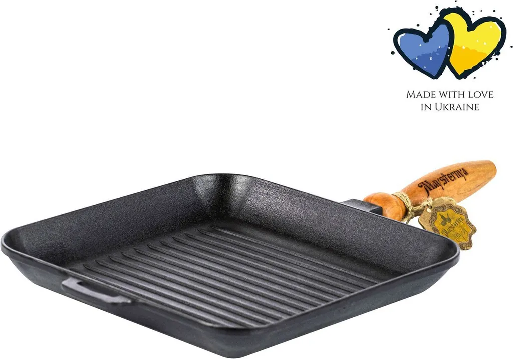 Maysternya Cast iron grill pan with wooden handle – 28 x 28 x 4 cm – Steak pan – Grilling – Cast iron pan for all heat sources – Black