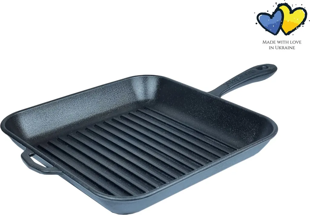 Maysternya Cast iron grill pan with metal handle – 28 x 28 x 4 cm – Steak pan – Cast iron pan for all heat sources – PFAS-free – Black