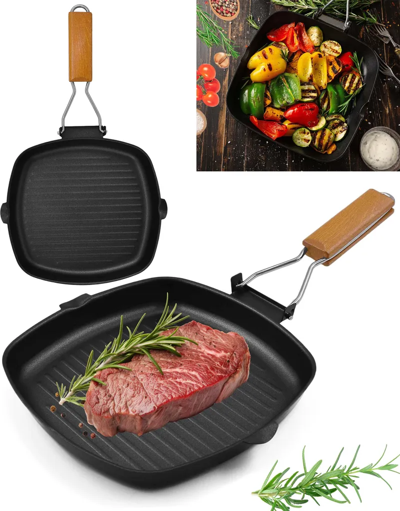 Stephans Möbelbörse Grill pan with spout, 100% PFOA-free frying pan, induction-compatible, non-stick coating, folding handle, aluminum steak pan, black