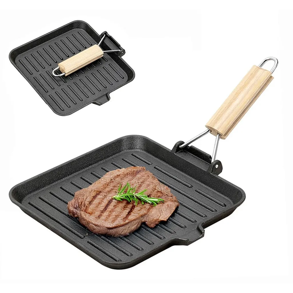 Dopwii Grill pans, cast iron steak pan, folding wooden handle, 20x20cm square grill pan suitable for all hob types, lightweight