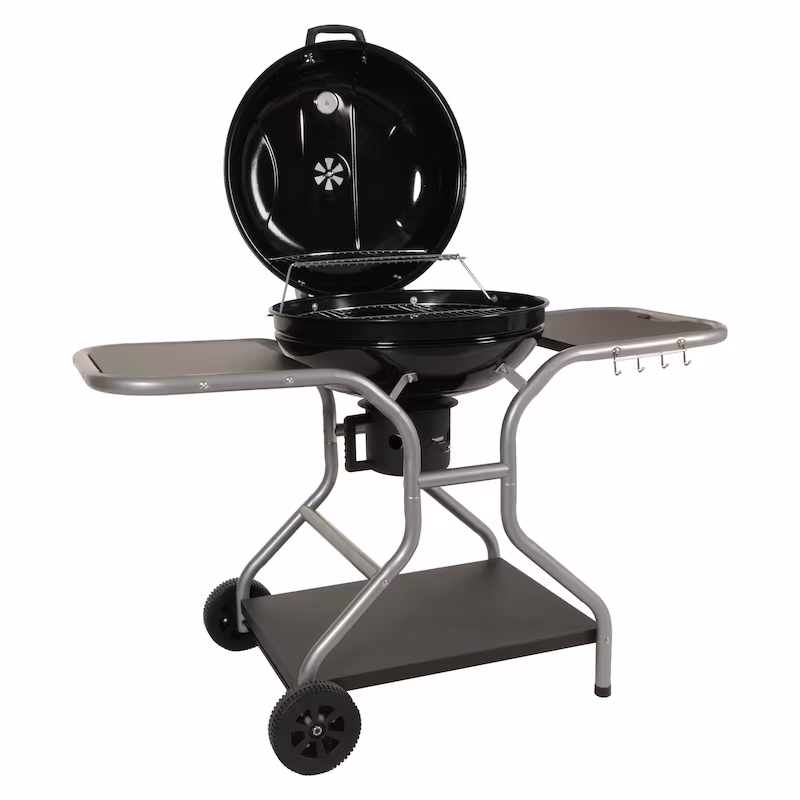 Mendler Grill cart HWC-N16, charcoal grill, kettle grill, garden grill with lid and three shelves, steel enamel, 143x131x66cm, black