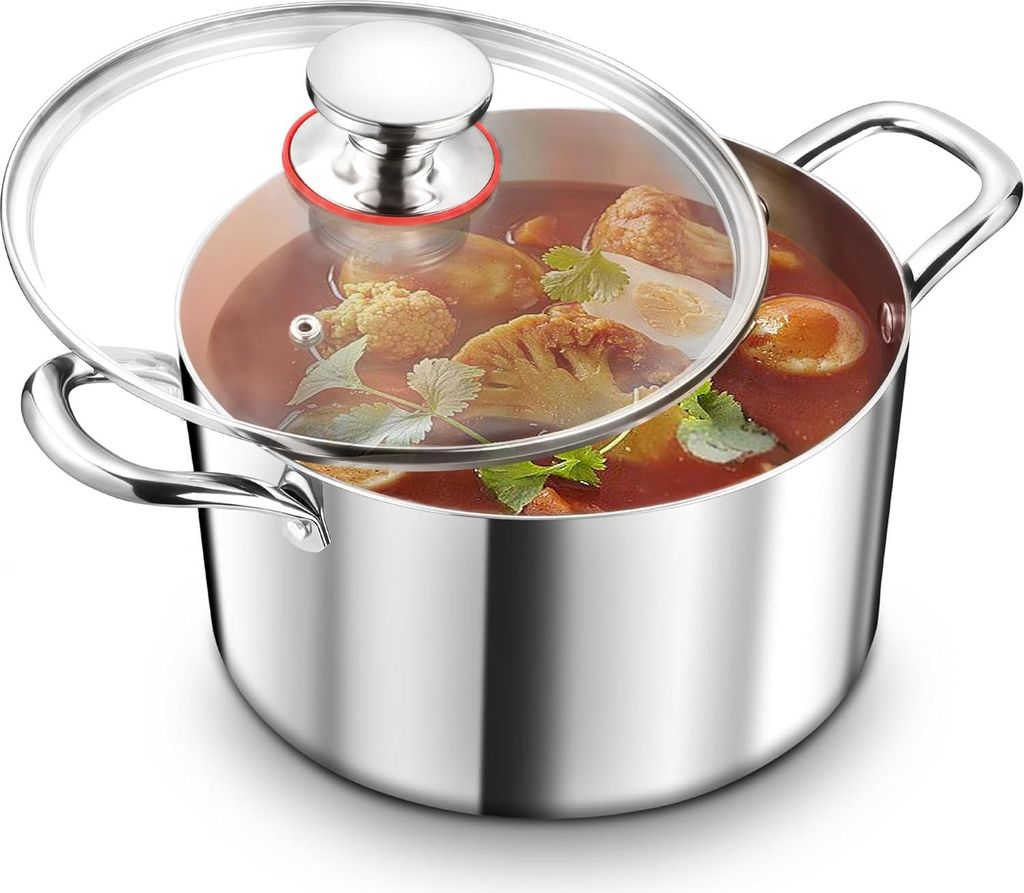 Markenlos Large 26 cm stainless steel cooking frying pan with glass lid - 6.6L - Suitable for all heat sources