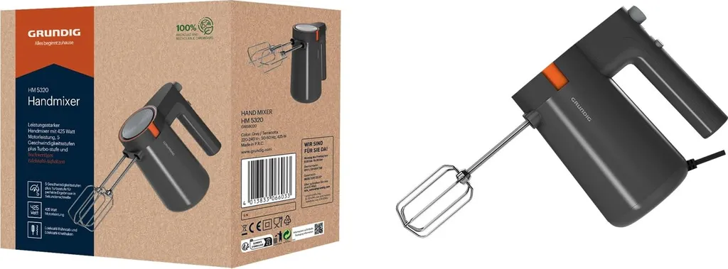 GRUNDIG HM 5320 Hand Mixer: 425 W, 5 speed settings, stainless steel attachments