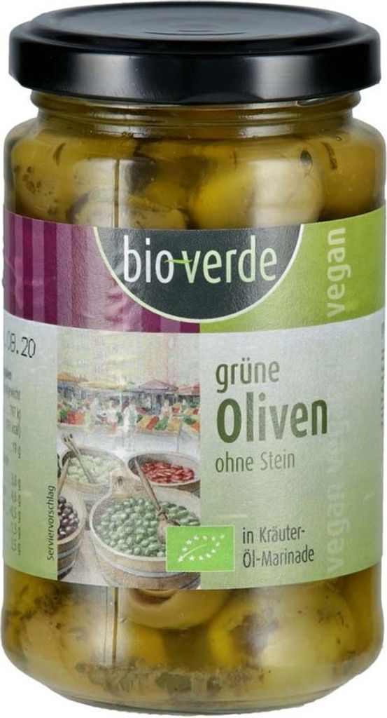 Organic Verde pitted green olives in herb-oil marinade 200g