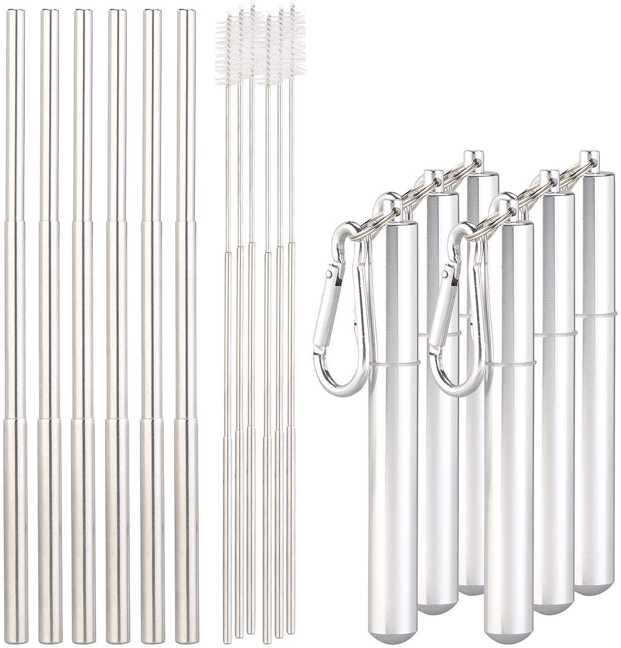 Rosenstein & Söhne Straws: Set of 6 telescopic stainless steel straws with brush, key chain box (metal straws)