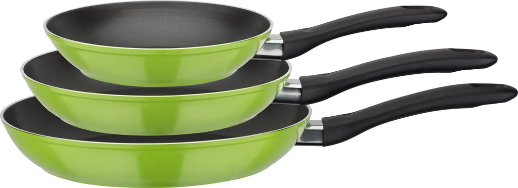 GSW Nova 3-piece frying pan set, green, aluminum, plastic, frying pan approx. ø 20 x H 4.2cm / ø approx. 24 x H 4.4cm / ø approx. 28 x H 4.8cm