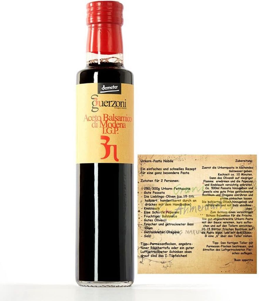 Guerzoni Balsamic Vinegar of Modena IGP “Rosso” – -Demeter 250ml, mit Familienrezept Pasta-Rezept
