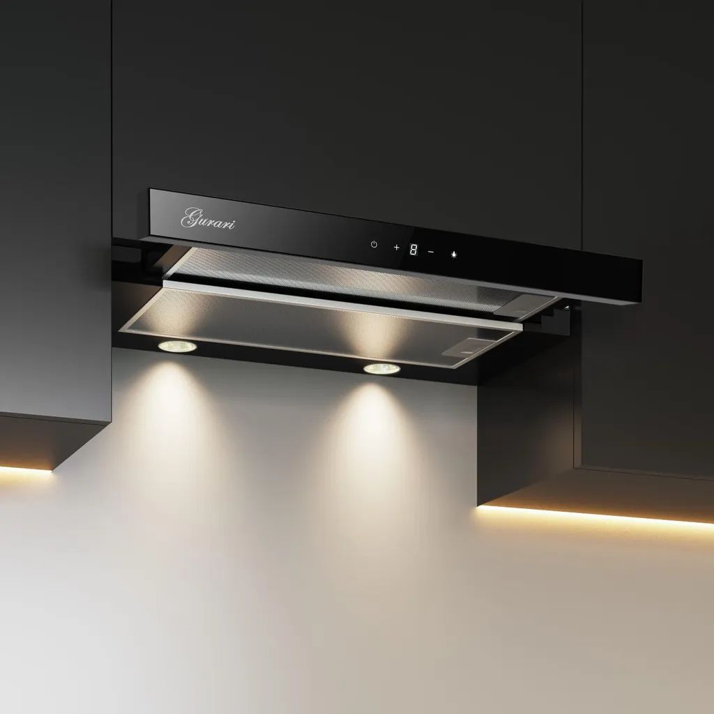 GURARI CH 3003C flat screen cooker hood including exhaust hose, built-in extractor hood 60 cm, in black, black glass, 1000m³/h
