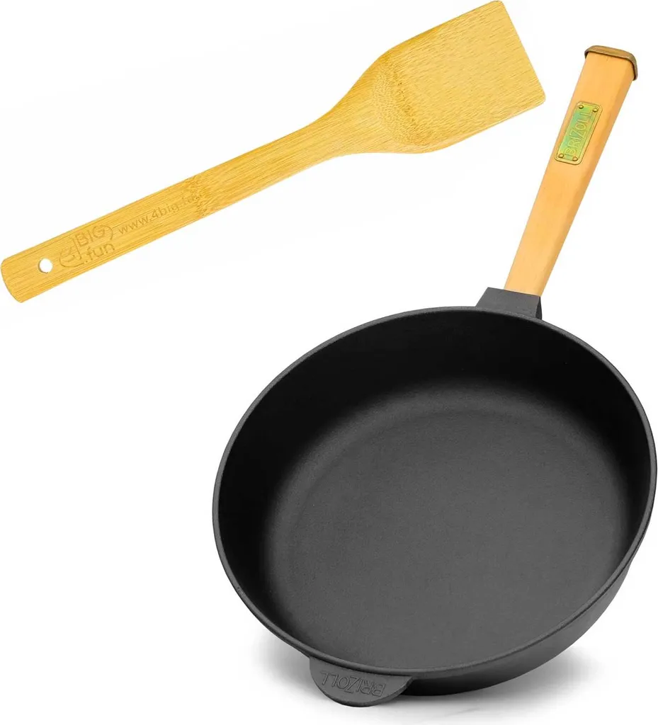 BRIZOLL Cast iron frying pan 26 cm, cast iron frying pan, induction compatible, wooden handle, casserole dish, frying pan