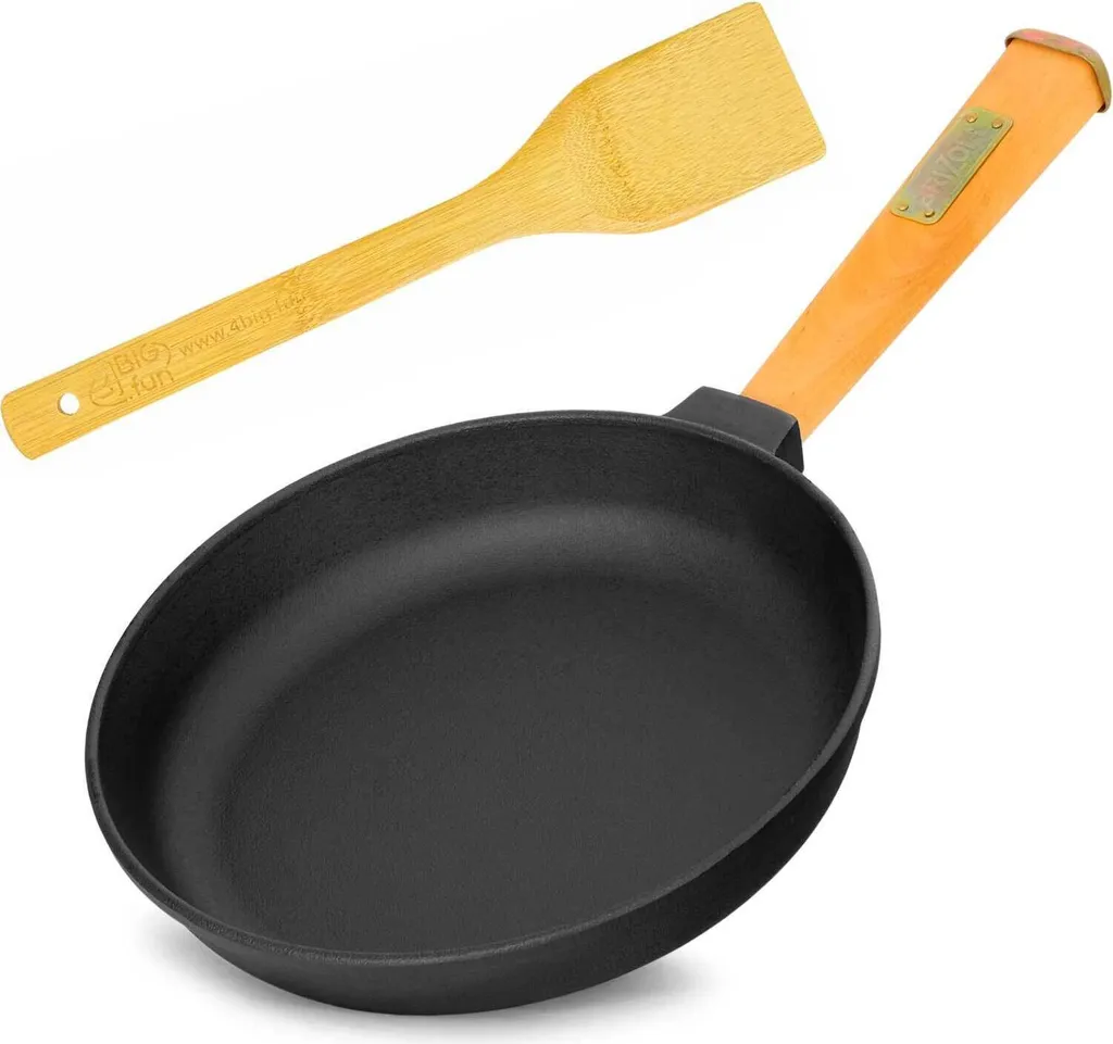 BRIZOLL Cast iron frying pan 26 cm, cast iron, induction compatible, wooden handle, casserole dish, pan