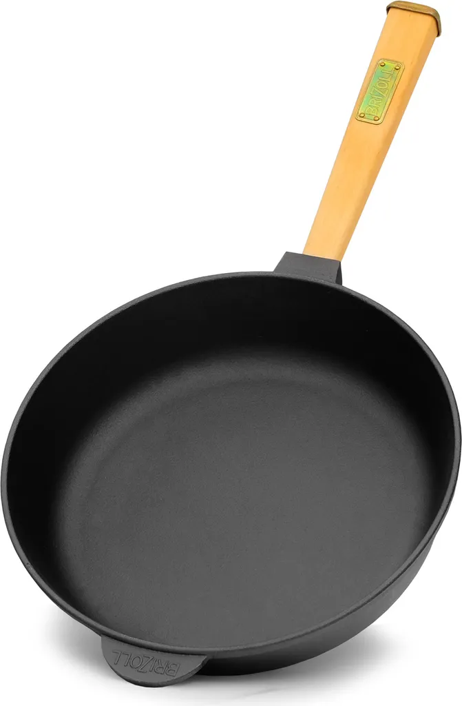BRIZOLL Cast iron pan 28cm, cast iron pan 70mm high with wooden handle, cast iron pan