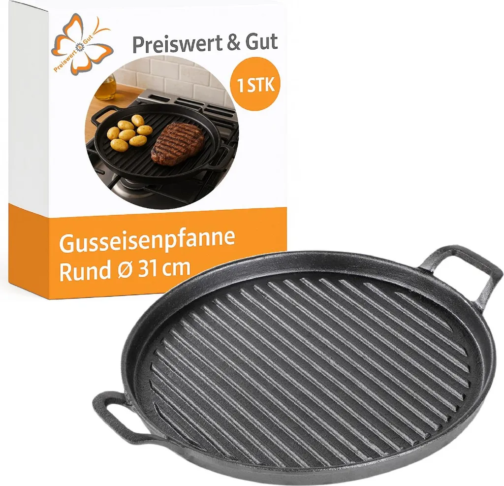 Haushalt International Round cast iron griddle plate, Ø 31 cm, made of solid cast iron, 2.9 kg, with handles, for BBQ, grilling, even heat distribution