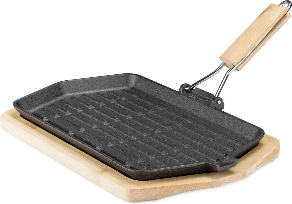 Markenlos Cast iron frying pan with folding handle for fajitas - wooden trivet - suitable for all heat sources