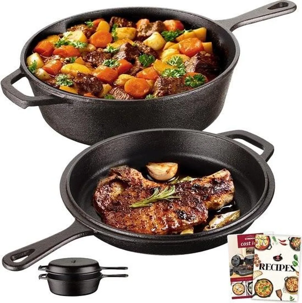 Merkloos Cast iron frying pan, bread baking, cast iron casserole dish with lid, long handle, 2-in-1 cast iron pot with recipe book, pre-seasoned and ready to use, for kitchen, camping, garden, grilling, baking