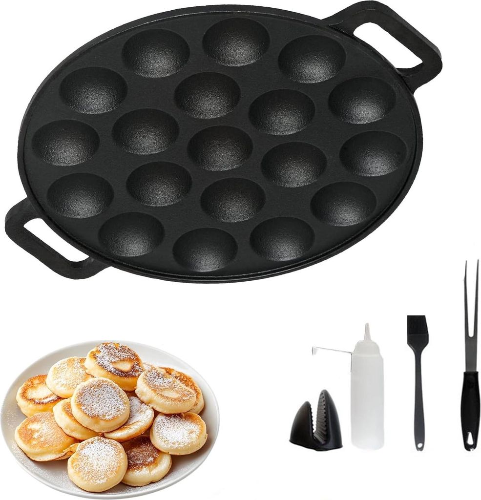 Markenlos Cast iron poffertjes pan 24 cm SET - Poffertjes Maker - Induction-compatible poffertjes pan - including e-book on poffertjes pans