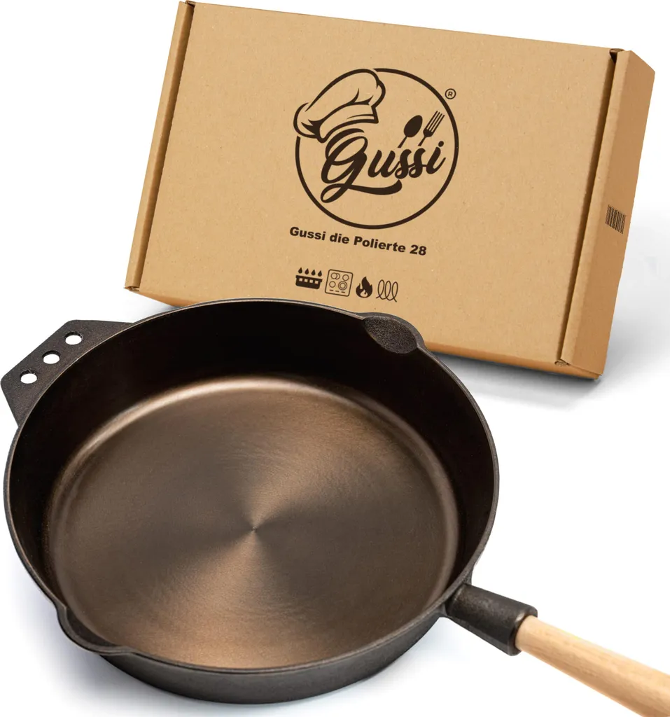 GuSSi® Cast Iron Pan 28 cm - Polished - Uncoated - Cast iron pan for gas grill, induction & oven - Cast iron pan with high sides - Frying pan
