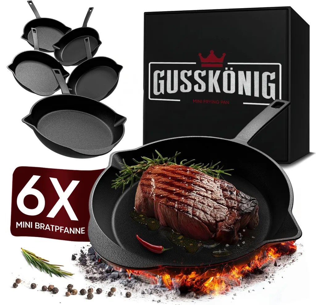 GUSSKÖNIG Cast Iron Frying Pan (Set of 6) - Small Cast Iron Pan Ø 13.5 cm - 6x Small Cast Iron Pans