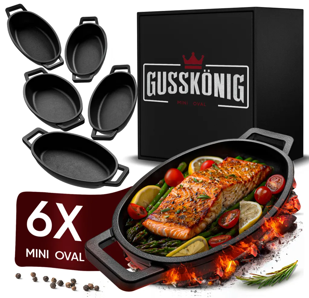 GUSSKÖNIG Serving Pan Set - 6 Oval Cast Iron Grill Pans for Grill - Small Cast Iron Pan 11x19 cm - Seasoned Mini Pan