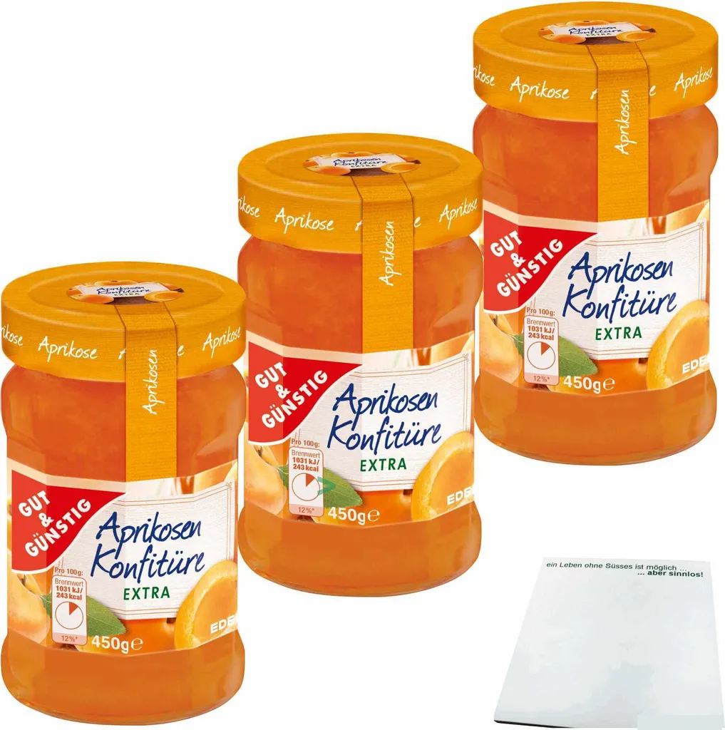 Gut& Apricot Jam Extra with full apricot flavor and 50% fruit 3-pack (3x450g jar) + usy block