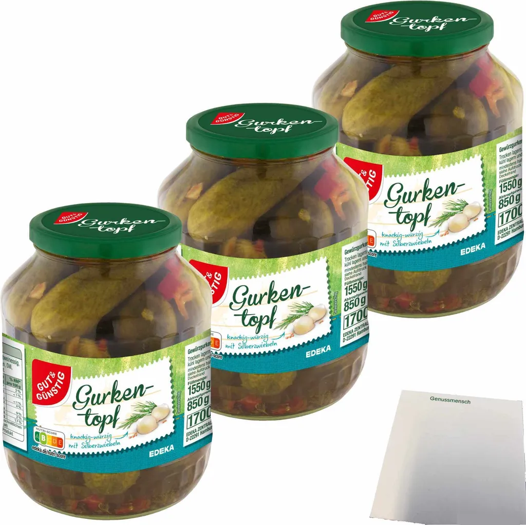 Gut& Cucumber Pot crunchy and spicy with pearl onions 3-pack (3x850g ATG) + usy Block