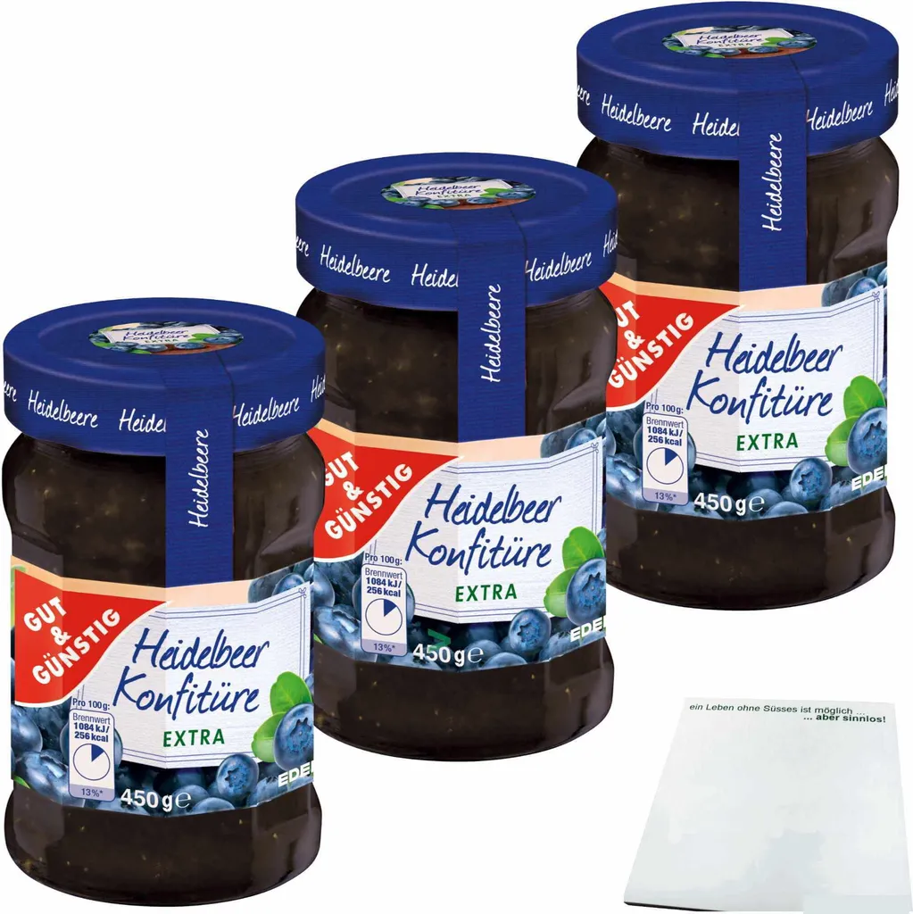 Gut& Blueberry Jam Extra with 50% Fruit 3-pack (3x450g jar) + usy Block
