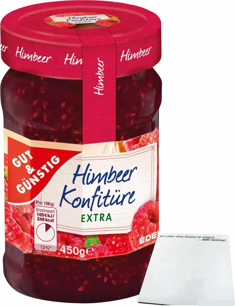 Gut& Raspberry Jam extra pronounced raspberry flavor and 50% fruit (450g jar) + usy block