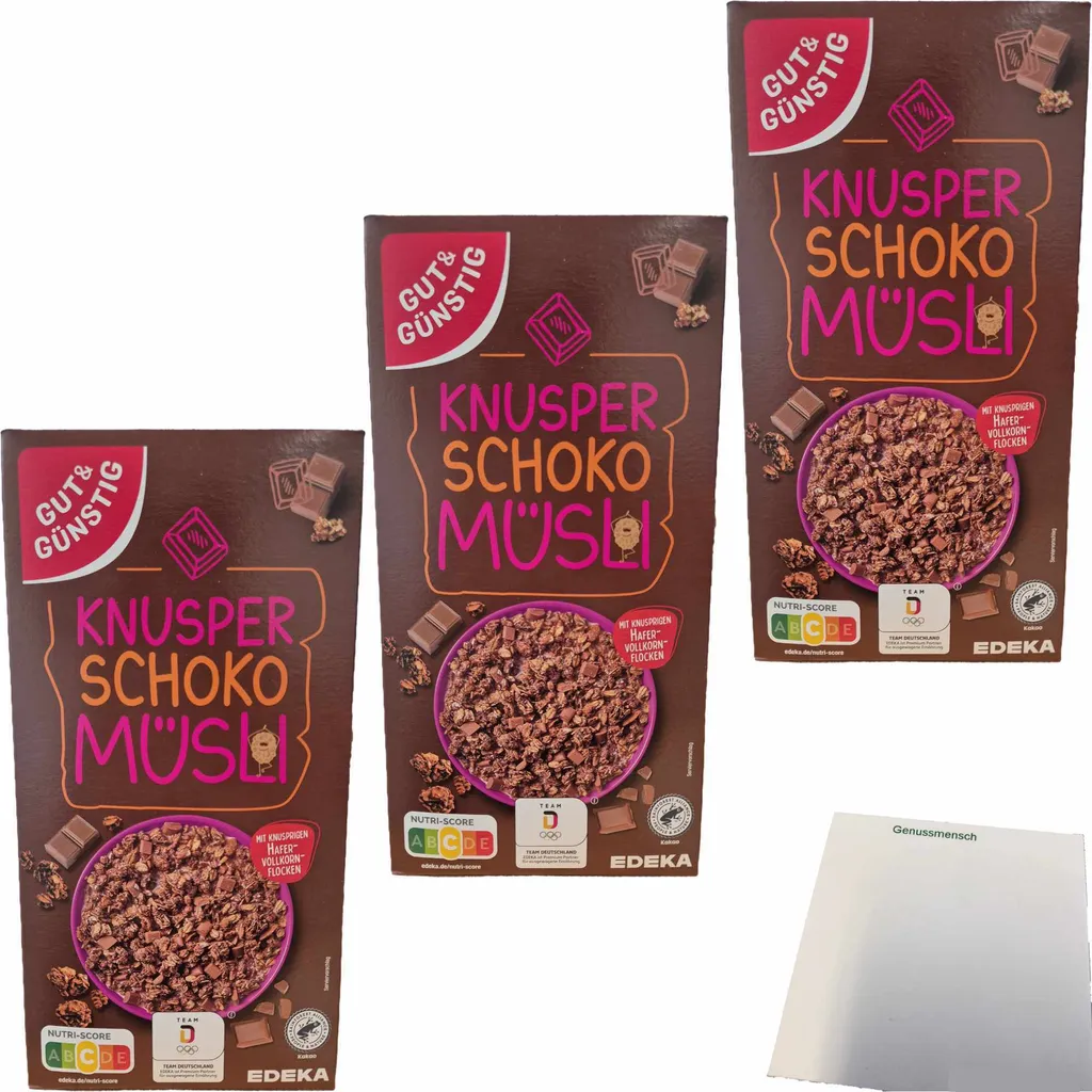 Gut&Knusper Chocolate Muesli with crispy wholegrain oat flakes 3-pack (3x600g pack) + usy Block