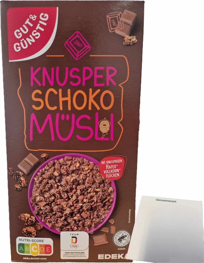 Gut&Knusper Chocolate Muesli with crispy wholegrain oat flakes (600g pack) + usy Block