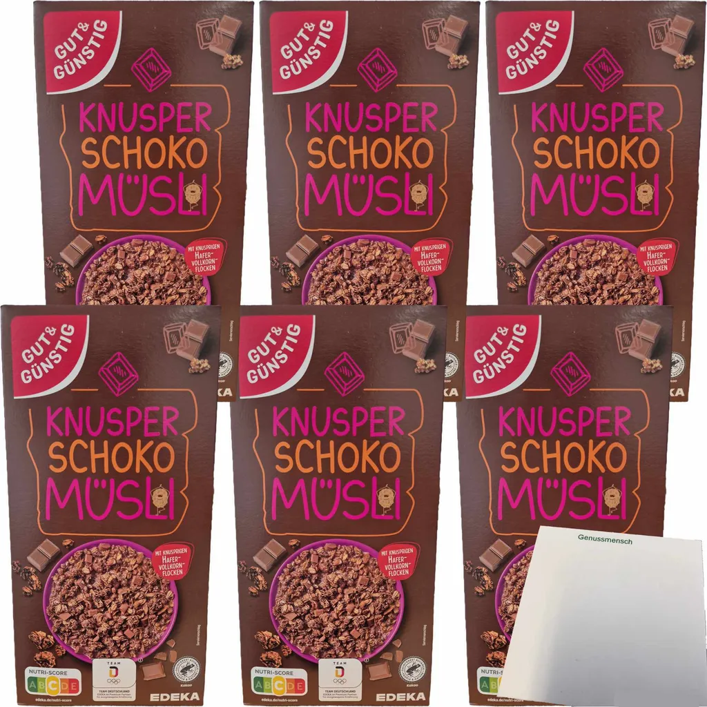 Gut&Knusper Chocolate Muesli with crispy wholegrain oat flakes 6-pack (6x600g pack) + usy Block
