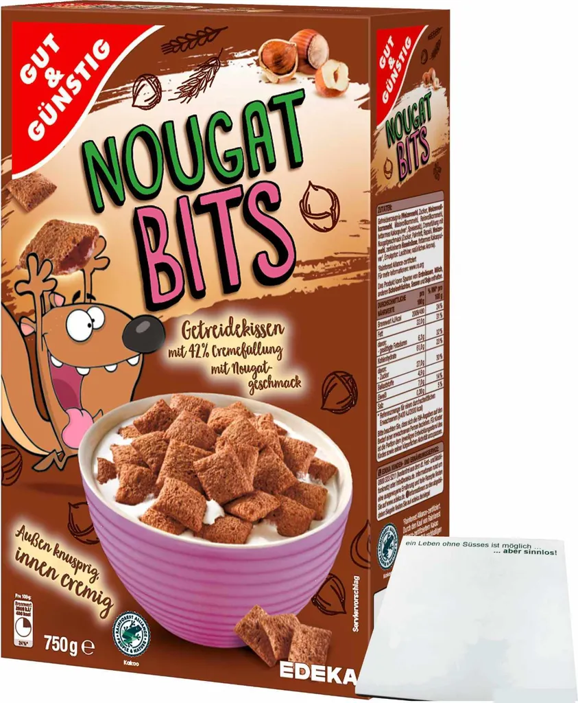 Gut& Nougat Bits cereal pillows with creamy nougat filling (750g pack) + usy block