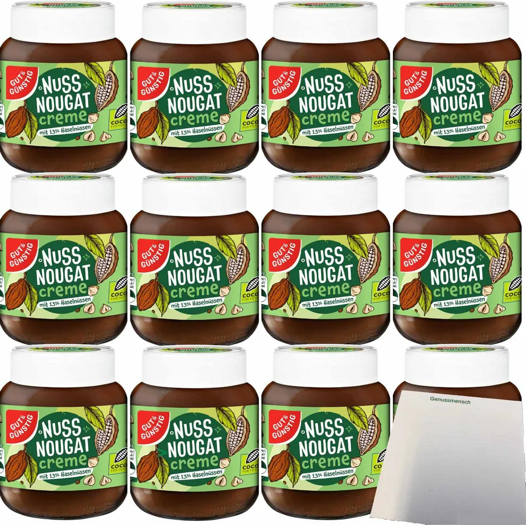 Gut& Nut-Nougat Cream with 13% Hazelnuts 12-pack (12x400g jar) + usy Block