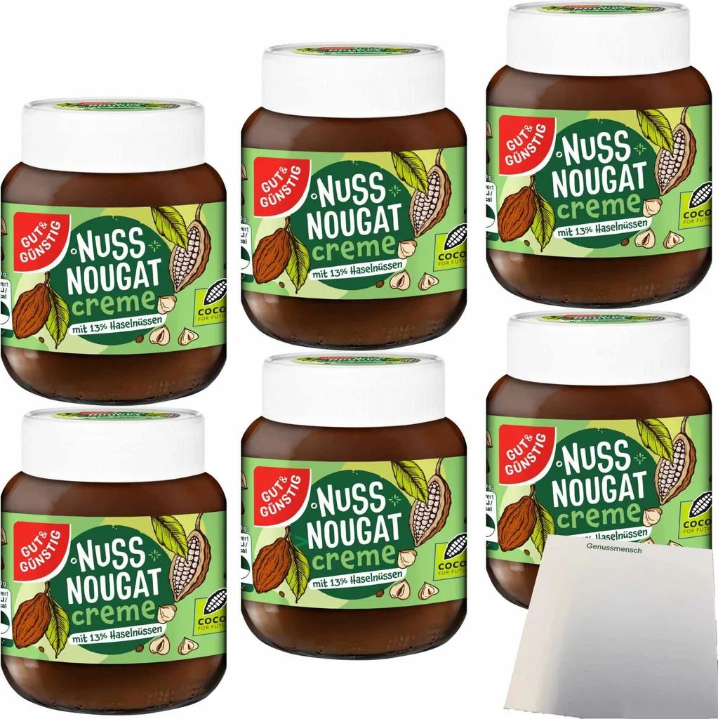 Gut& Nut-Nougat Cream with 13% Hazelnuts 6-pack (6x400g jar) + usy Block