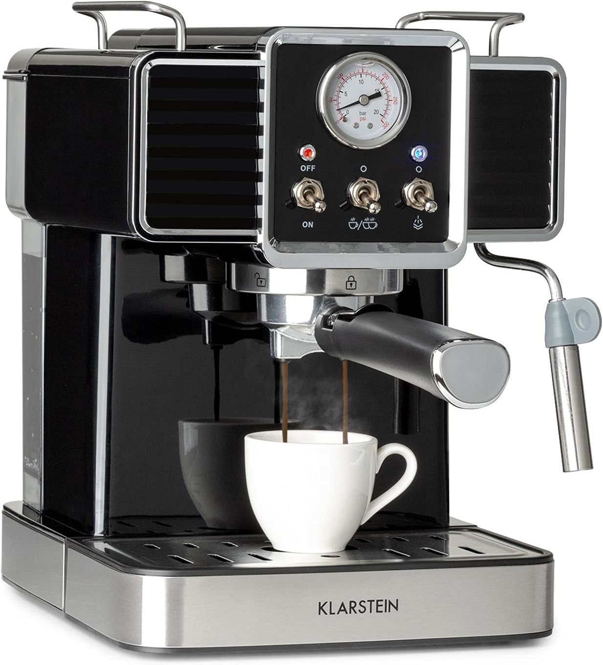 Klarstein Gusto Classico Espresso Machine, Portafilter Machine, Coffee Machine 1350 W, 20 Bar Pressure, Water Tank Volume: 1.5 L, Removable Stainless Steel Drip Grate, Black