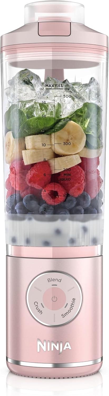 Ninja Blast Max BC251EUPK Portable Blender/Smoothie Maker, 570 ml, Rechargeable, Mixing Cup & Leak-proof Lid, 3 Functions, Smoothies, Protein Shakes, Dusky Pink