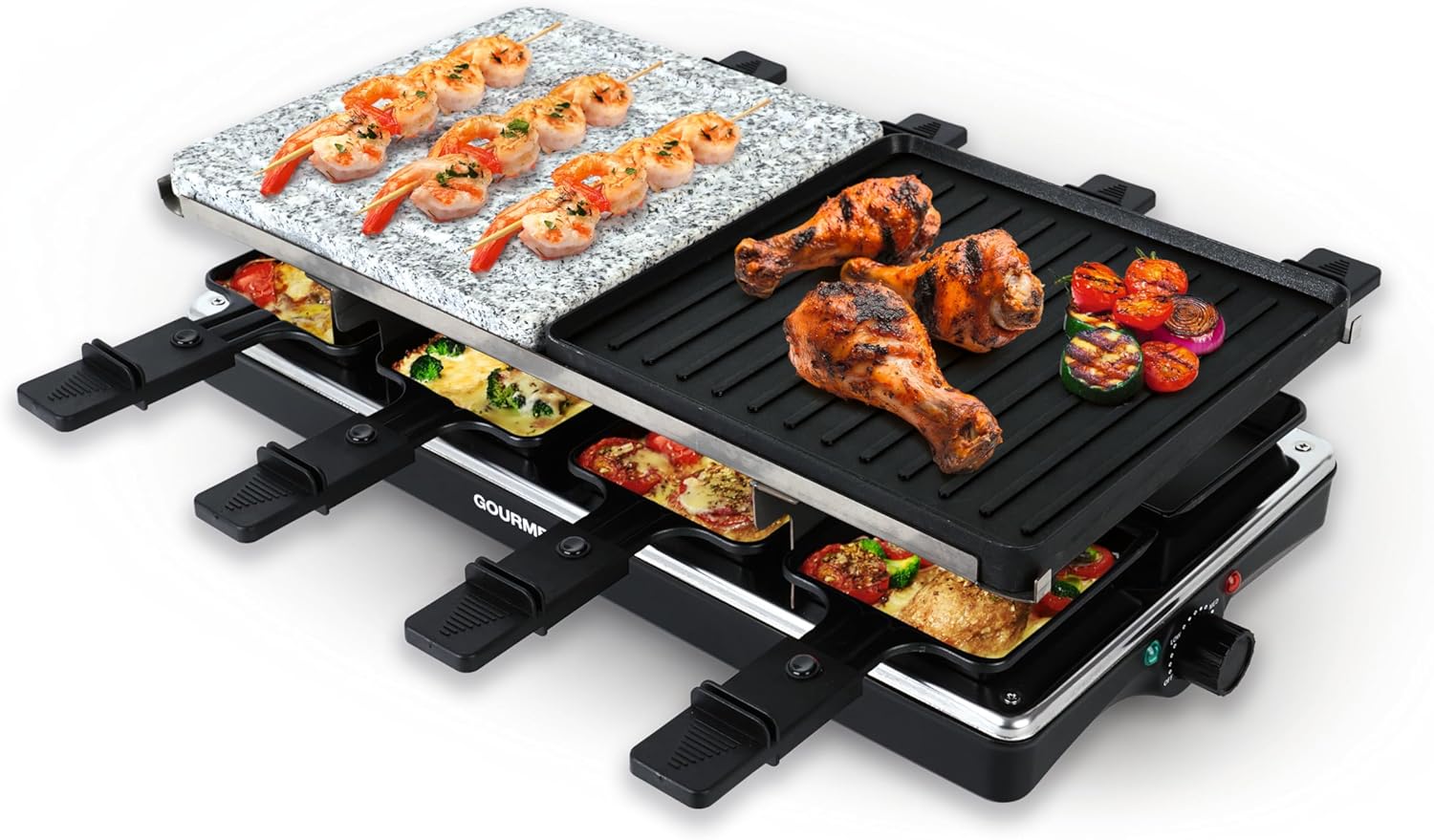 GOURMETmaxx 2-in-1 Raclette Set for 8 People, Raclette with Stone Plate and Aluminium Plate Including 8 Pans and Scrapers, Raclette Combination with Temperature Control, Electric Grill