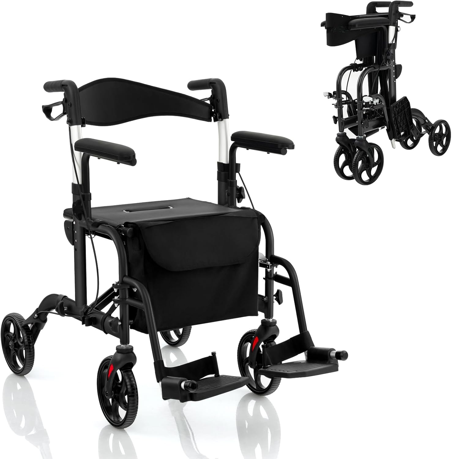 HOMASIS 2-in-1 Wheelchair Rollator Foldable & Lightweight with Seat, Walking Aid 6 Positions Height Adjustable, Aluminum Walker up to 136 kg, Travel Rollator with Stick Holder Bag & Brake, Walking