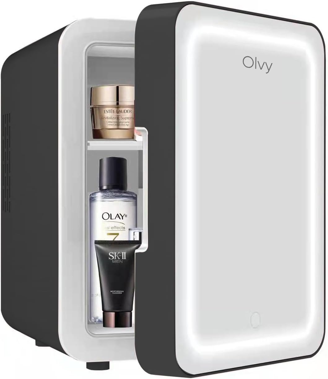 Olvy Cosmetic Fridge 4 Liters, Portable Mini Fridge with LED Mirror, Small Skincare Fridge, Cool and Hot for Room, Black