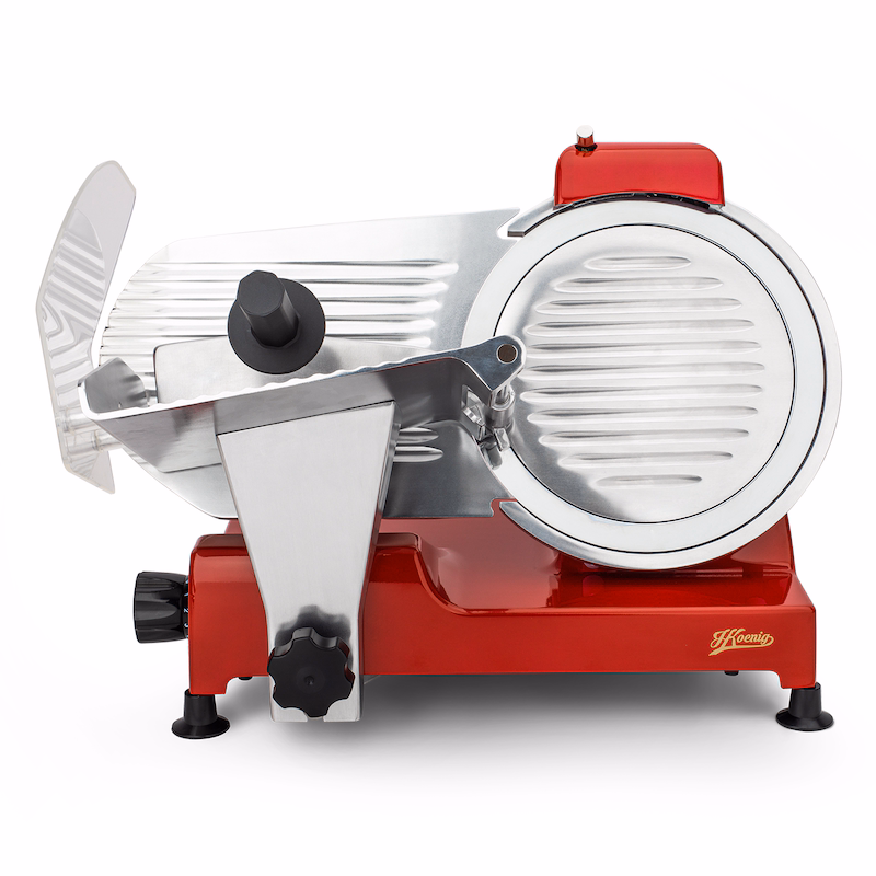 H.Koenig Electric All-Purpose Slicer MSX254, for Sausages, Professional, 0-12 mm Cutting Thickness, 25 cm Italian Blade, Built-in Sharpener, 282 rpm, Red