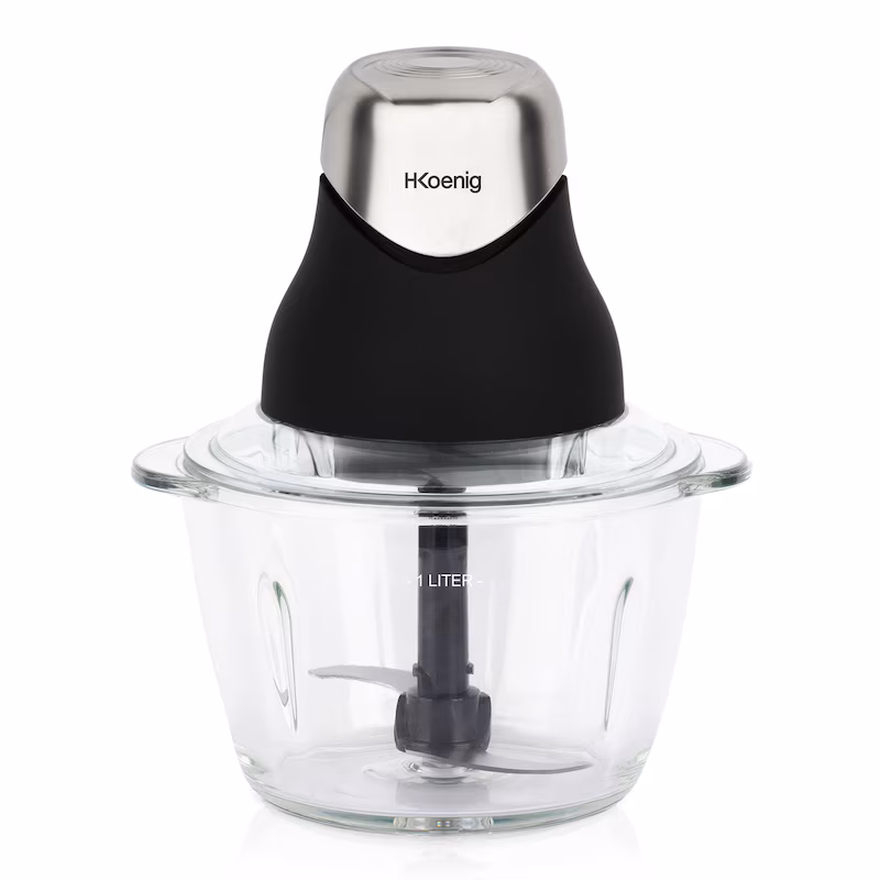 H.Koenig Mini Electric Meat Grinder LEO8, Durable Bowl, Graduated Glass Bowl 1L, Stainless Steel Blades