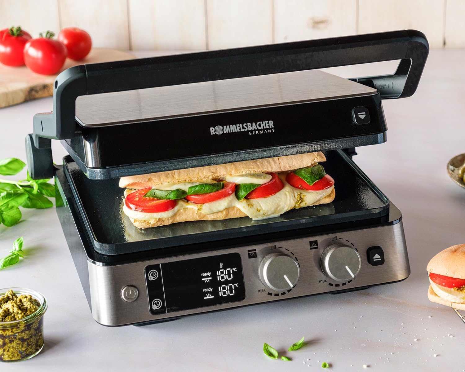 ROMMELSBACHER Contact Grill KG 2025, Contact and Surface Grill, Separately Adjustable Grill Surfaces, Ceramic Non-Stick Coating (PFAS-Free), Temperature Control in 15 Levels, Grease Drain, Removable