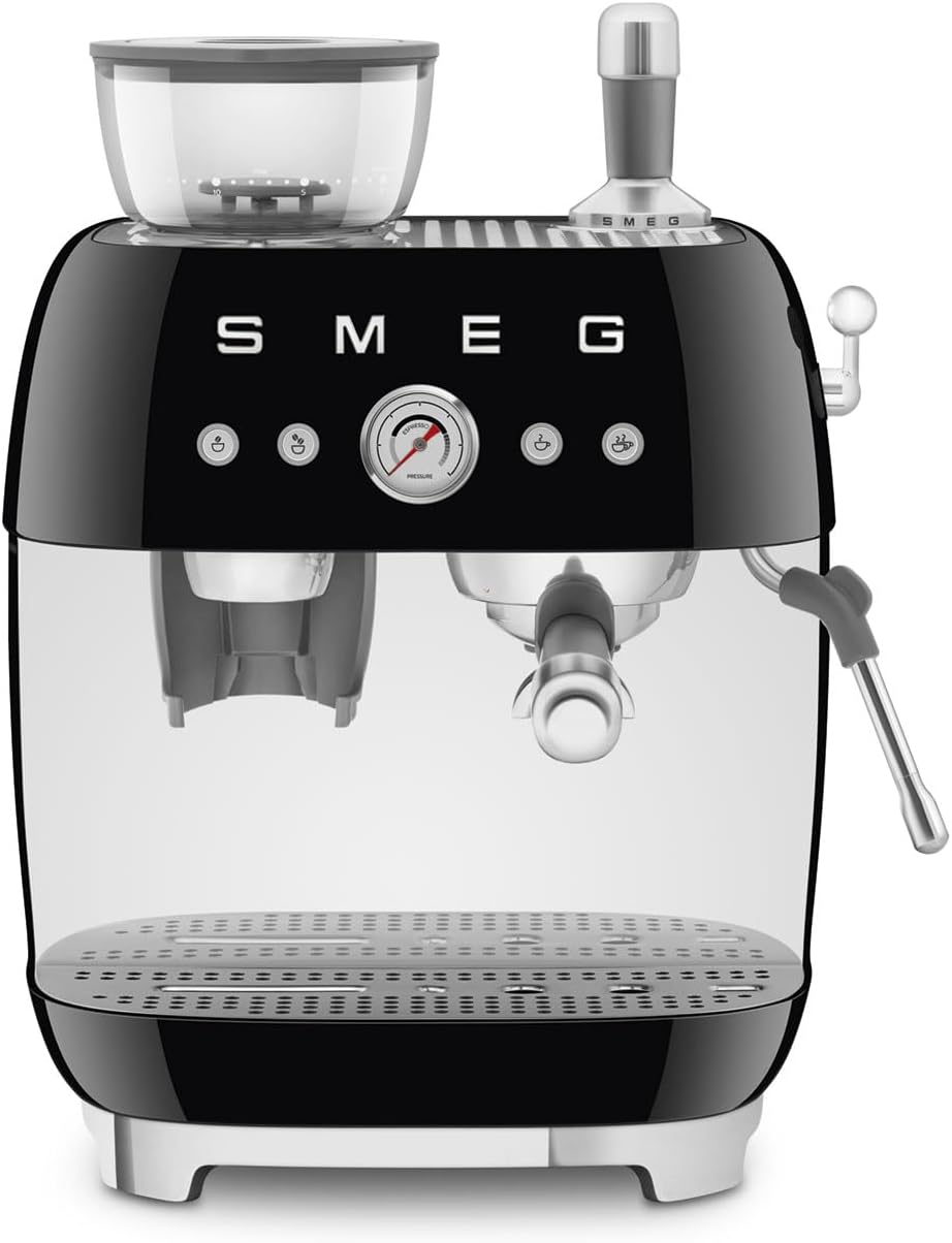 Smeg, EGF03BLEU Manual Espresso Machine with Integrated Coffee Grinder, Thermoblock, 4 Temperature Levels, Steam Nozzle and Pressure Gauge, 1L Tank, Compact Size, 1350W, Black