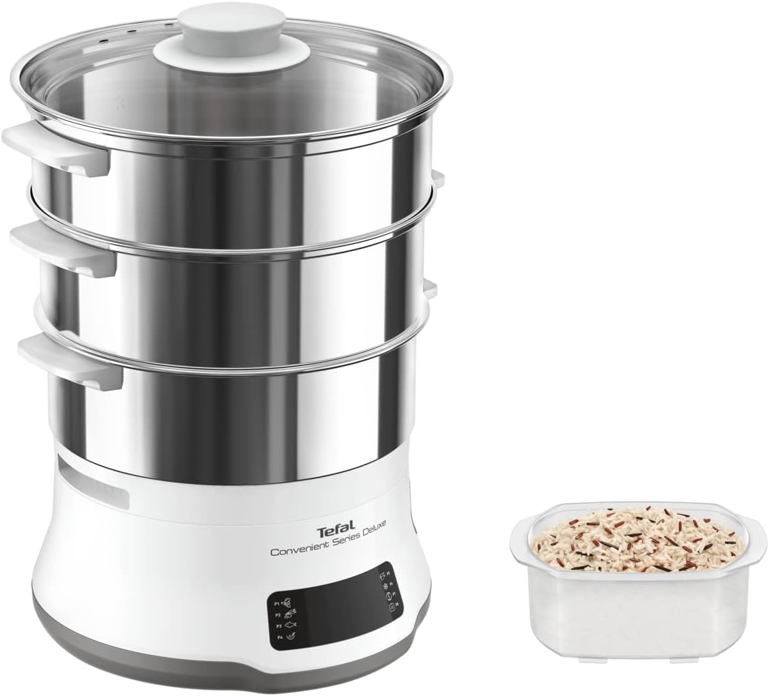 Tefal Convenient Series Deluxe Steamer, Simple Touch Screen, 8 Programs, Cooking on 3 Levels, Stainless Steel Container, Durable Quality, Healthy Preparation, Stainless Steel/White, VC502D