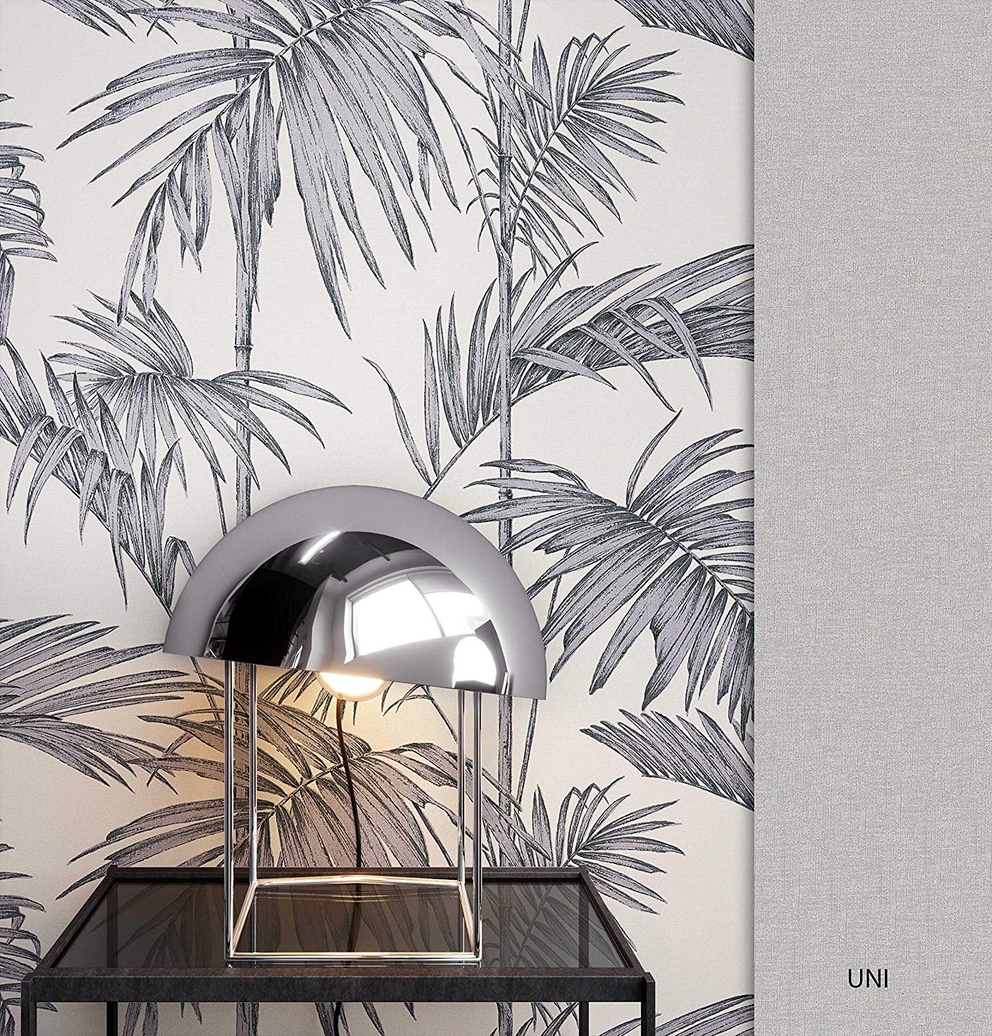 Newroom Design Newroom Flower Wallpaper Grey Palm Leaves Natural Non-Woven Wallpaper Metal