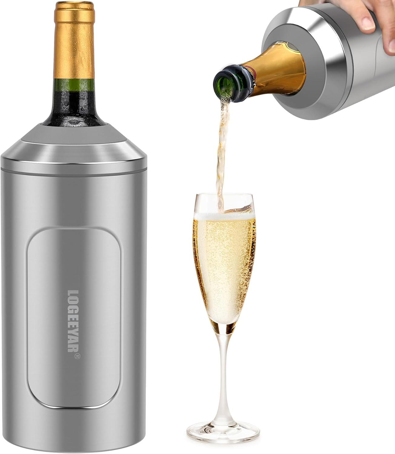 Itslife Bottle Cooler for Wine Champagne, 750 ml Wine Cooler with Lid, Double-Walled Stainless Steel Champagne Cooler, Portable Drink Cooler Outdoor, Gifts for Wine Lovers, Silver