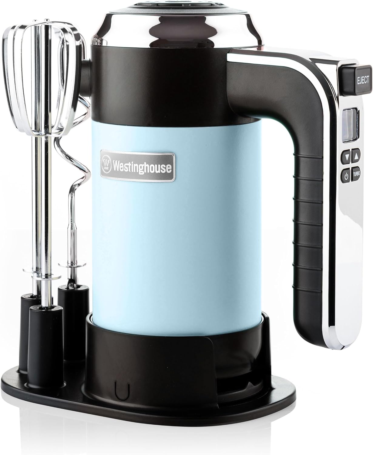 Westinghouse retro hand mixer, 5 speed levels + turbo function, 2 stirring brooms, 2 dough hooks, LCD display, timer, base floor, storage bag, 350 watt, light blue