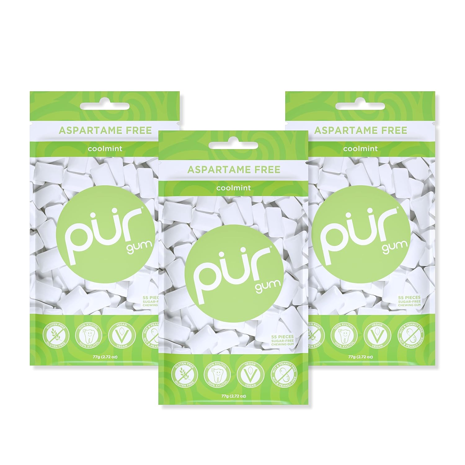 PUR Gum Store PUR Gum | Sugar-Free Chewing Gum | 100% Xylitol | Vegan, Aspartame-Free, Gluten-Free & Diabetic-Friendly | Natural Chewing Gum with Cool Mint Flavor, 55 Pieces (3 Pack)